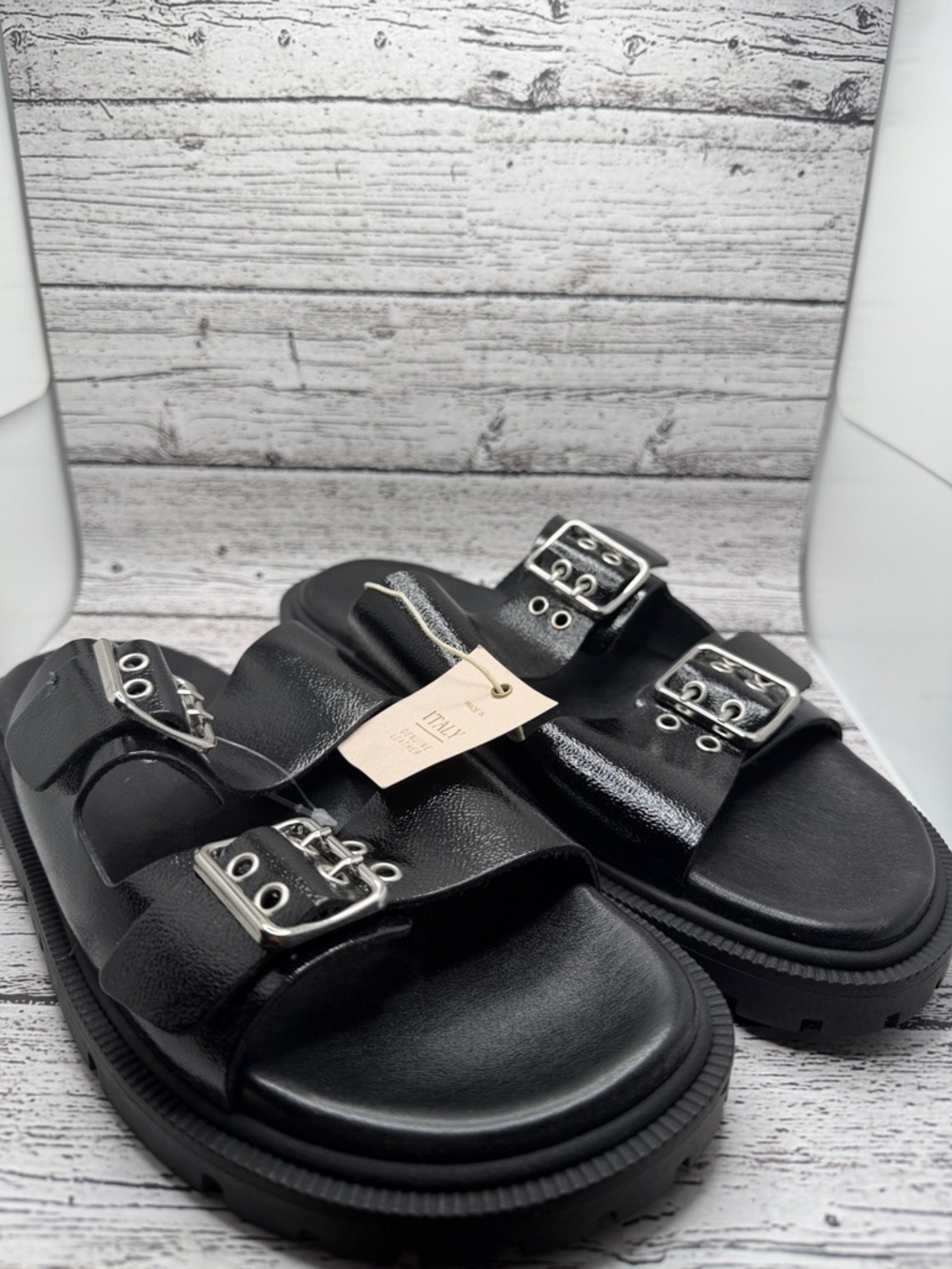 Christian Di Riccio Black Double Buckle Platform Slide Sandals 8 NWT